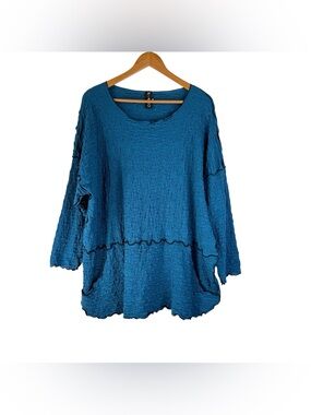NOBLU Tunic Top Lagenlook Womens Size XL Blue Cotton Pucker Fabric Relaxed